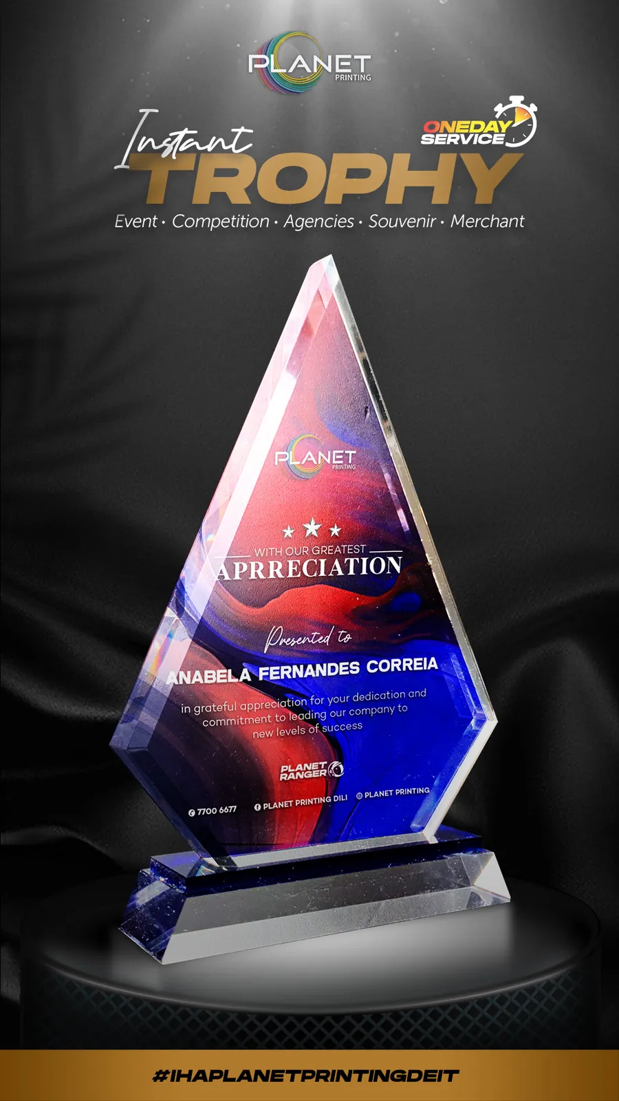 Acrylic Appreciation Award — example 1 by Planet Printing, Timor-Leste