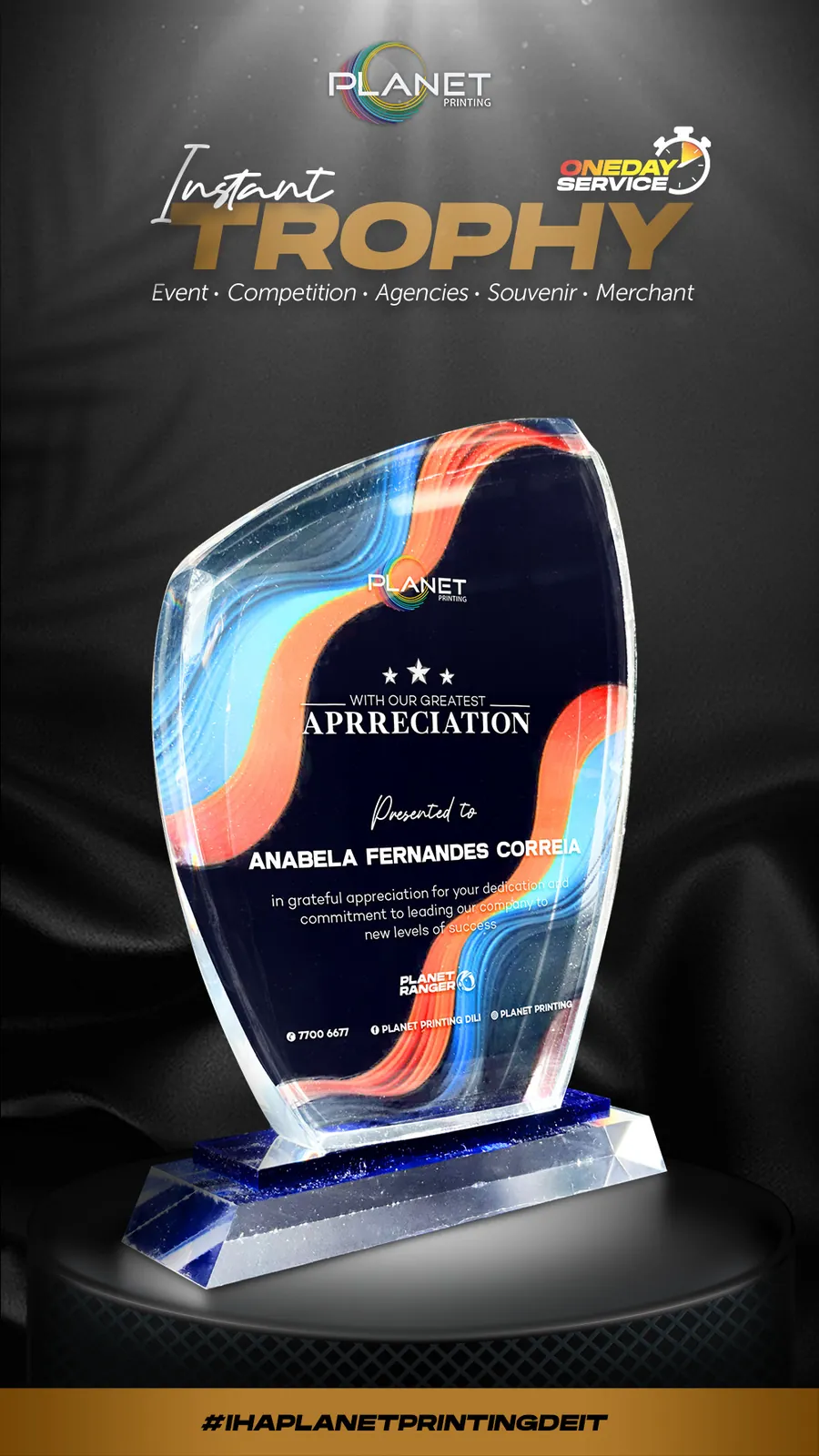 Acrylic Appreciation Award — example 3 by Planet Printing, Timor-Leste