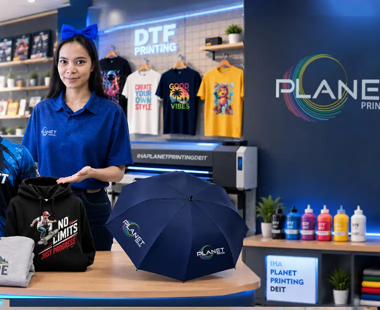 DTF-printed T-shirts, hoodie and branded umbrella at Planet Printing in Dili